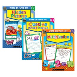 Teacher Created Resources® Skill-Building Write & Wipe Activity Book Kit – Cursive, Multiplication, and Hidden Pictures