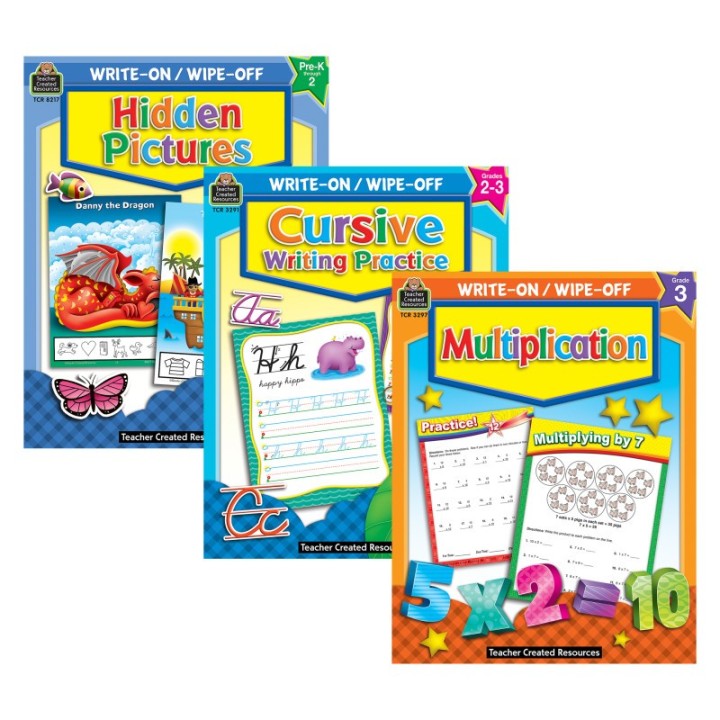 Teacher Created Resources® Skill-Building Write & Wipe Activity Book Kit – Cursive, Multiplication, and Hidden Pictures