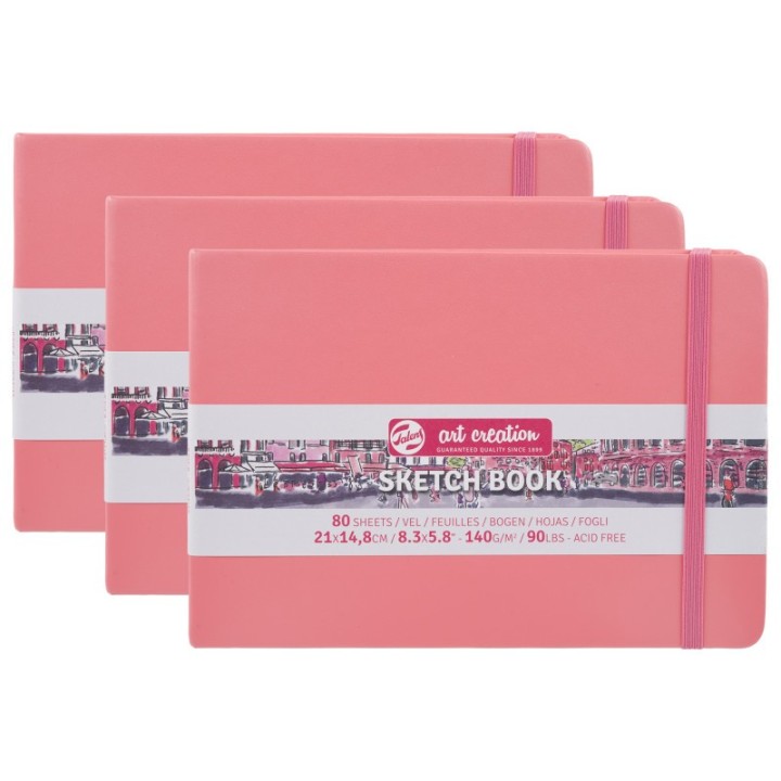 Talens Art Creation Sketchbook, 80 Sheets, 90lbs, Coral Red Cover, 8.3" x 5.8" (A5), Pack of 3