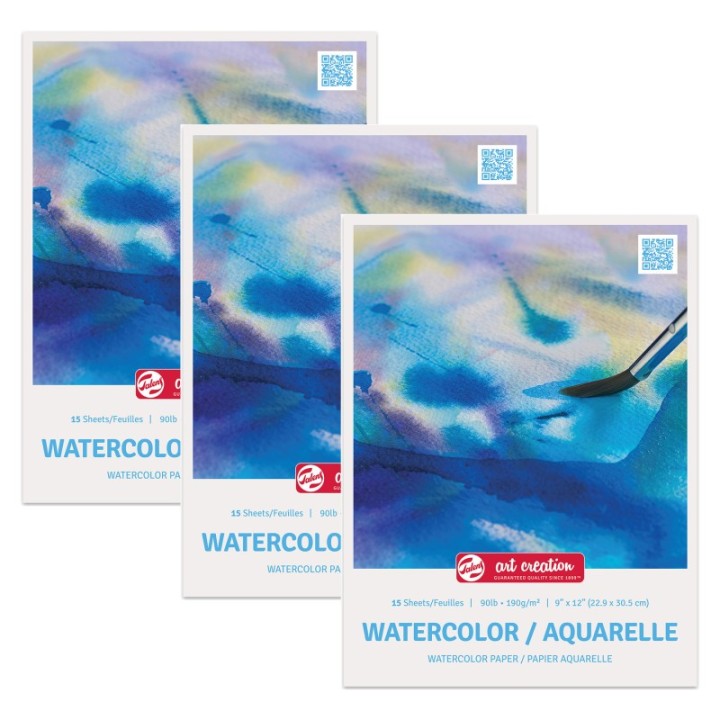 Talens Art Creation Watercolor Paper Pad, 90lbs, 9" x 12", 15 Sheets, Pack of 3