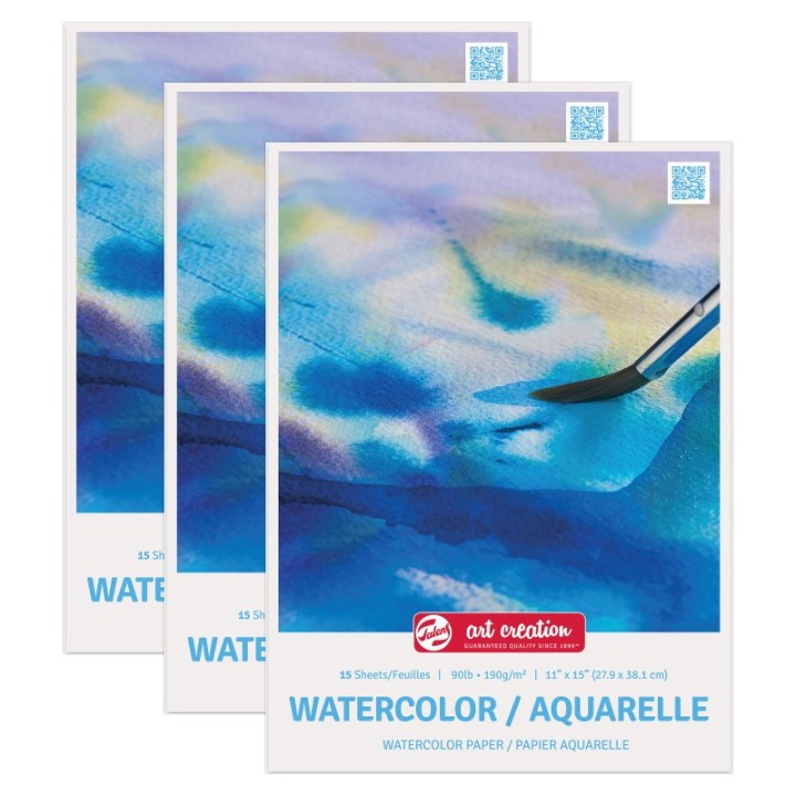 Talens Art Creation Watercolor Paper Pad, 90lbs, 11" x 15", 15 Sheets, Pack of 3