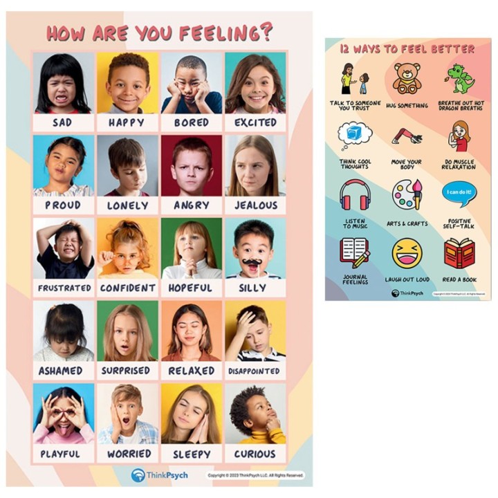 ThinkPsych Laminated Feelings & Coping Posters for Kids, 11" x 17", English & Spanish, Set of 2