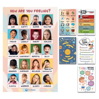 ThinkPsych Laminated Feelings & Life Skills Posters for Kids, 11" x 17", English & Spanish, Set of 6