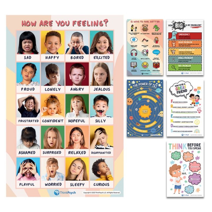 ThinkPsych Laminated Feelings & Life Skills Posters for Kids, 11" x 17", English & Spanish, Set of 6