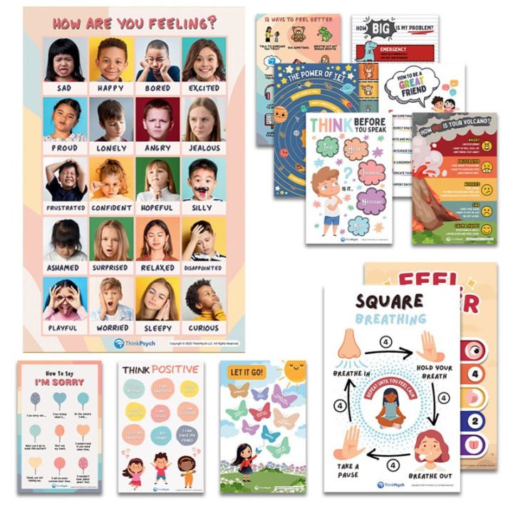 ThinkPsych Laminated Feelings & Life Skills Posters for Kids, 11" x 17", English & Spanish, Set of 12