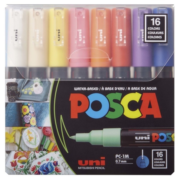 POSCA PC-1M Paint Markers, Extra Fine Bullet Tip (0.7-1.0 mm), Assorted Colors, Set of 16