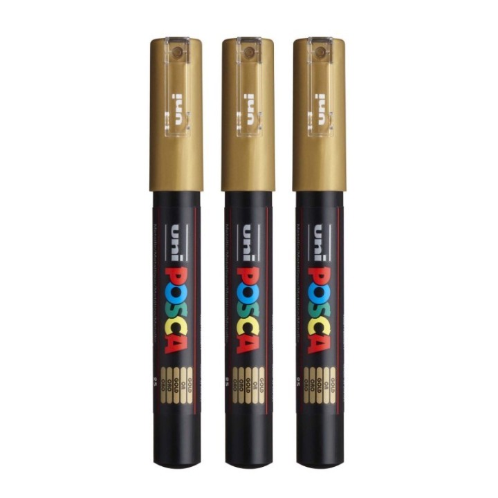 POSCA PC-1M Paint Marker, Extra Fine Bullet Tip (0.7-1.0 mm), Gold, Pack of 3