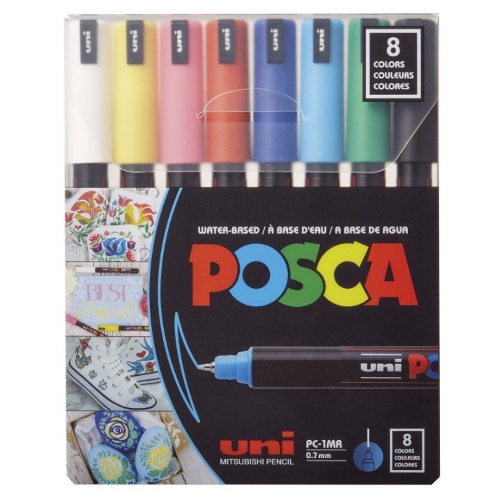 POSCA PC-1MR Paint Markers, Extra Fine Pin Tip (0.7 mm), Assorted Colors, Set of 8