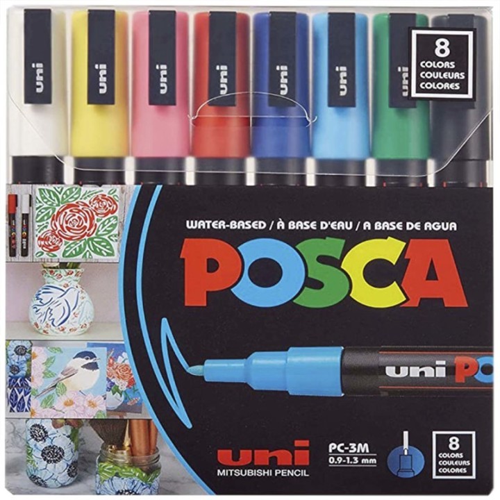 POSCA PC-3M Paint Markers, Fine Bullet Tip (0.9-1.3 mm), Assorted Colors, Set of 8