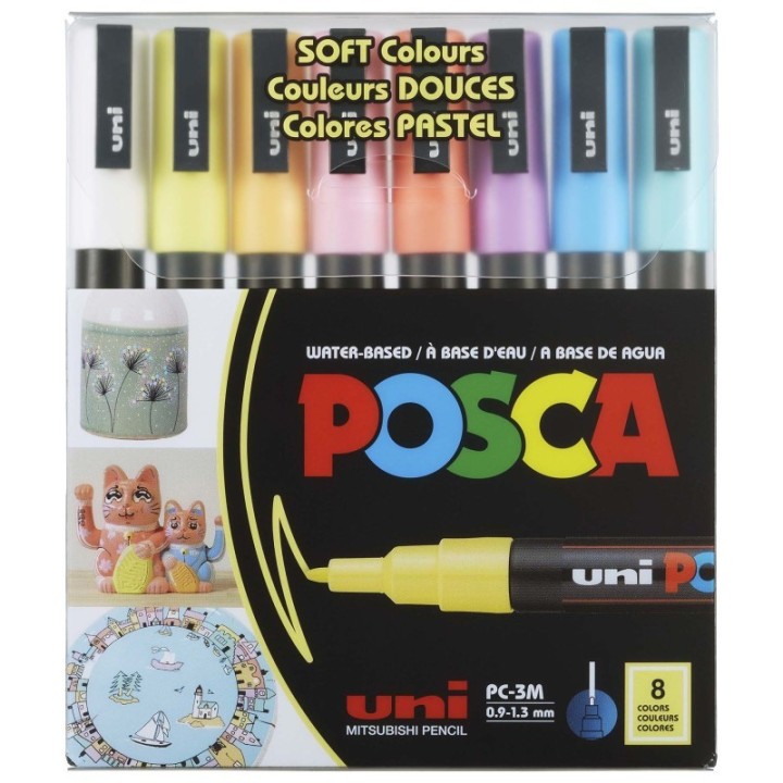POSCA PC-3M Paint Markers, Fine Bullet Tip (0.9-1.3 mm), Soft Colors, Set of 8