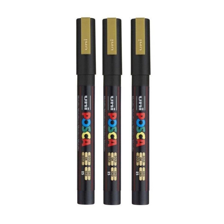 POSCA PC-3M Paint Marker, Fine Bullet Tip (0.9-1.3 mm), Gold, Pack of 3