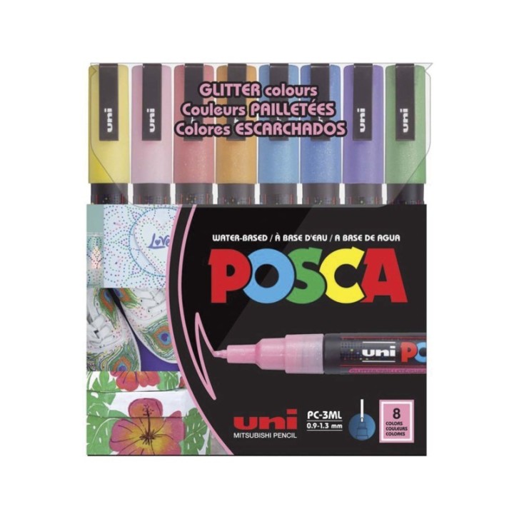 uni® uni® POSCA PC-3ML Water-Based Glitter Paint Markers, Reversible Fine Tip (0.9-1.3mm), Assorted Colors, 8 Pack