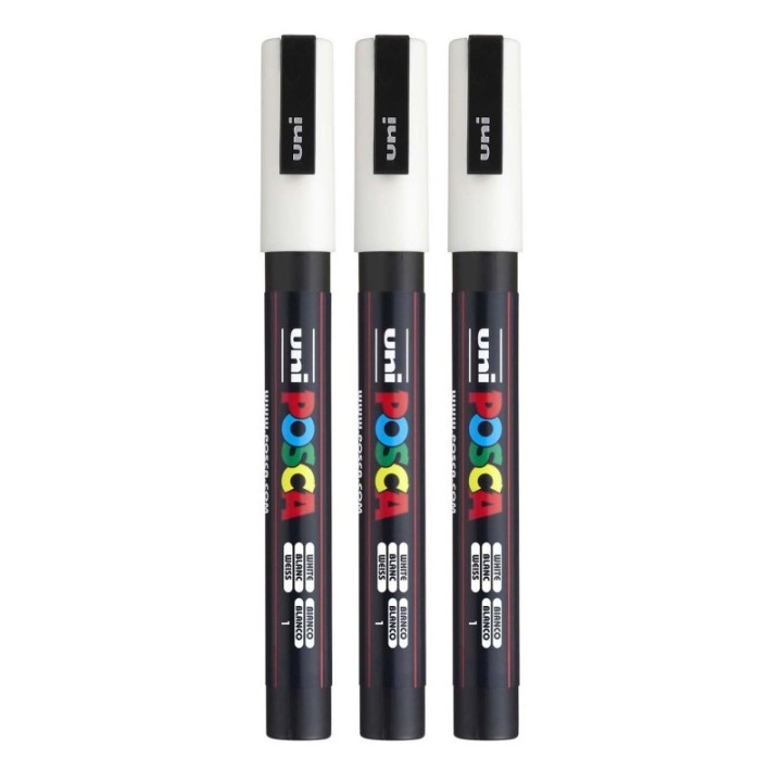 POSCA PC-3M Paint Marker, Fine Bullet Tip (0.9-1.3 mm), White, Pack of 3