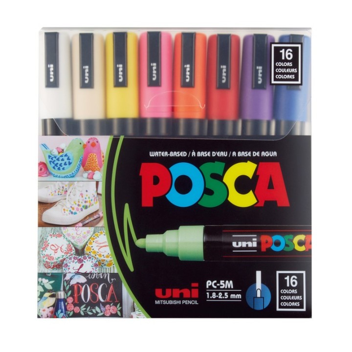 POSCA PC-5M Paint Markers, Medium Bullet Tip (1.8-2.5 mm), Assorted Colors, Set of 16