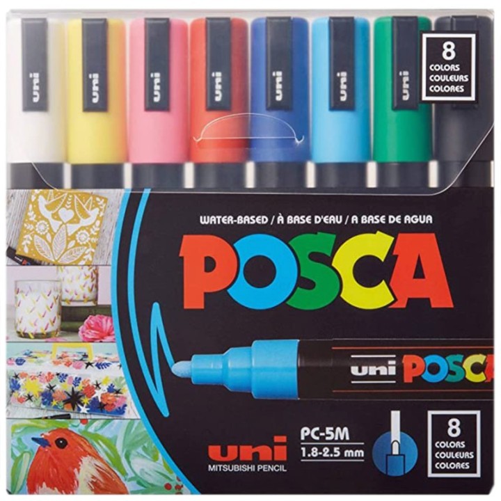 POSCA PC-5M Paint Markers, Medium Bullet Tip (1.8-2.5 mm), Assorted Colors, Set of 8