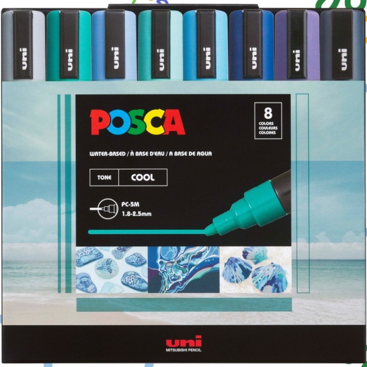 POSCA PC-5M Paint Markers, Medium Bullet Tip (1.8-2.5 mm), Cool Colors, Set of 8