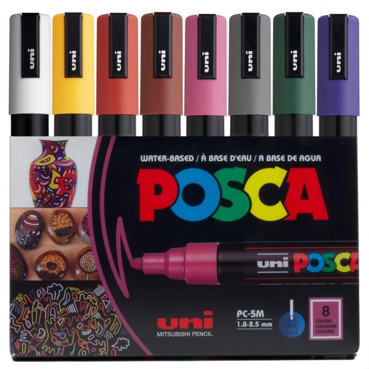 POSCA PC-5M Paint Markers, Medium Bullet Tip (1.8-2.5 mm), Dark Colors, Set of 8