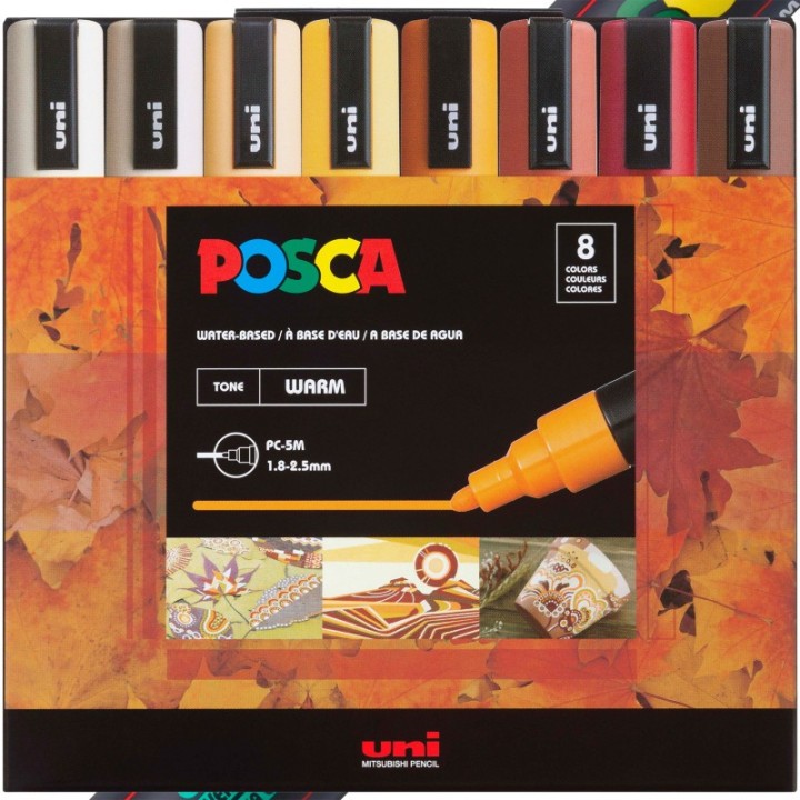 POSCA PC-5M Paint Markers, Medium Bullet Tip (1.8-2.5 mm), Warm Colors, Set of 8
