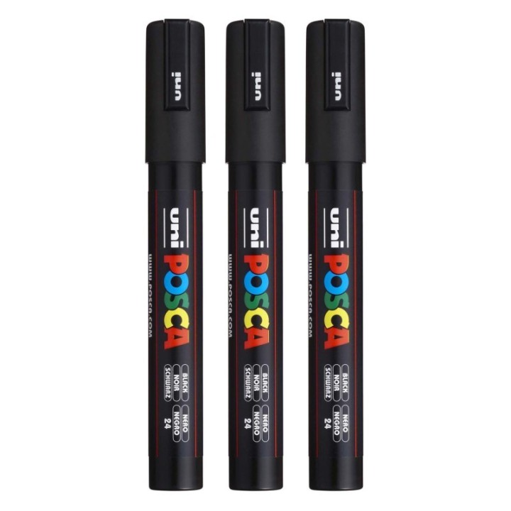 POSCA PC-5M Paint Markers, Medium Bullet Tip (1.8-2.5 mm), Black, Pack of 3