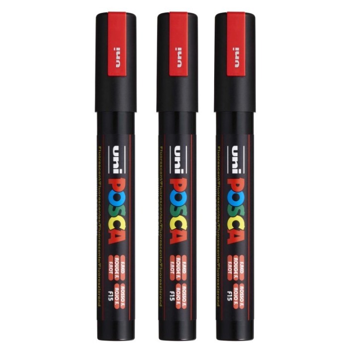 POSCA PC-5M Paint Markers, Medium Bullet Tip (1.8-2.5 mm), Fluorescent Red, Pack of 3