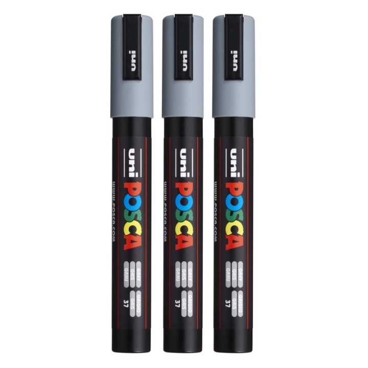 POSCA PC-5M Paint Markers, Medium Bullet Tip (1.8-2.5 mm), Grey, Pack of 3
