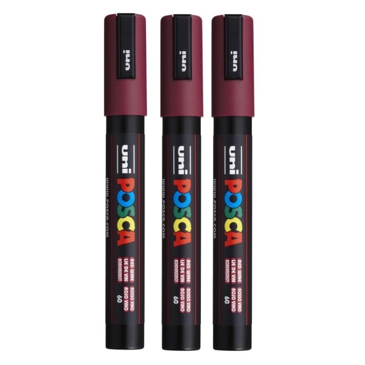 POSCA PC-5M Paint Markers, Medium Bullet Tip (1.8-2.5 mm), Red Wine, Pack of 3
