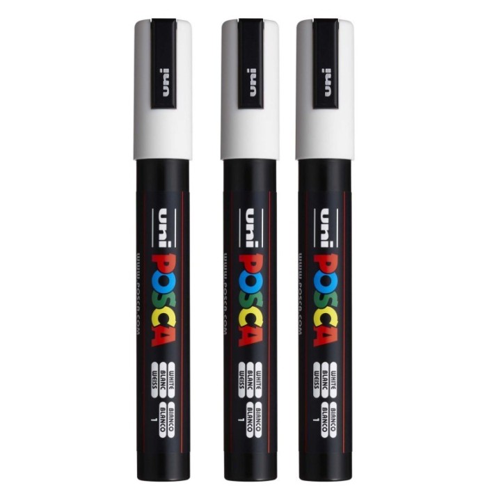 POSCA PC-5M Paint Markers, Medium Bullet Tip (1.8-2.5 mm), White, Pack of 3