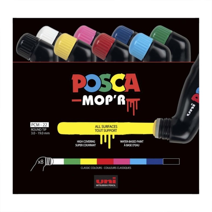 POSCA Mop'R PCM-22 Squeezable Paint Markers, Round Tip (3.0-19.0 mm), Assorted Colors, Set of 8