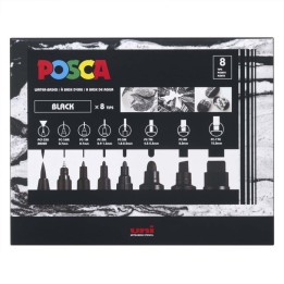 POSCA PC-Mix Paint Markers, Assorted Sizes, Black, Set of 8