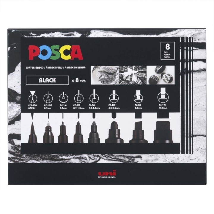 POSCA PC-Mix Paint Markers, Assorted Sizes, Black, Set of 8