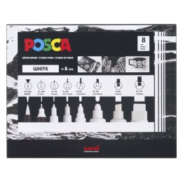POSCA PC-Mix Paint Markers, Assorted Sizes, White, Set of 8