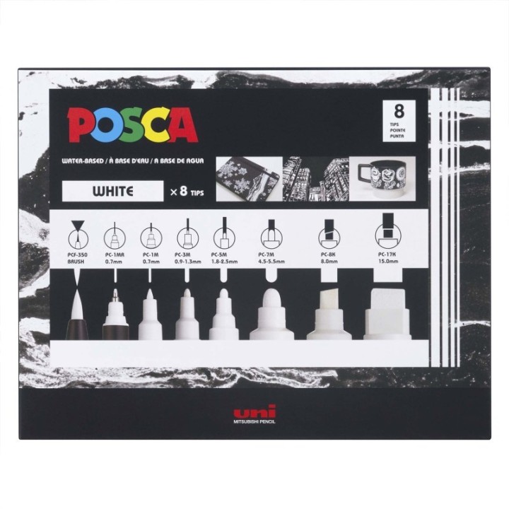 POSCA PC-Mix Paint Markers, Assorted Sizes, White, Set of 8