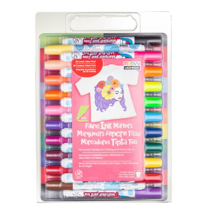 Marvy Uchida® Fabric Ink Markers, Chisel Tip, Assorted Colors, Set of 30
