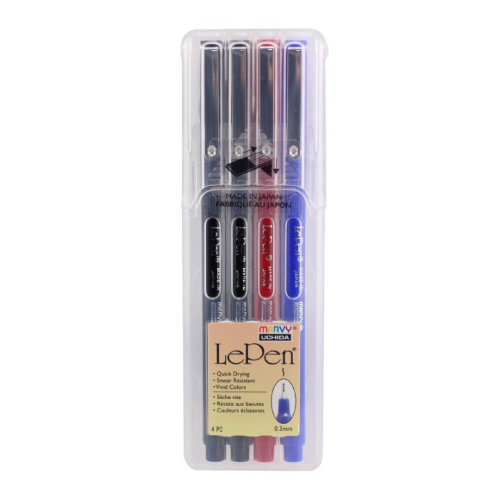 Marvy Uchida® Le Pen® Drawing Pens, Basic Colors, 0.3 mm Tip, Set of 4