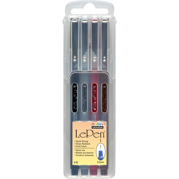 Marvy Uchida® Le Pen® Drawing Pens, Dark Colors, 0.3 mm Tip, Set of 4