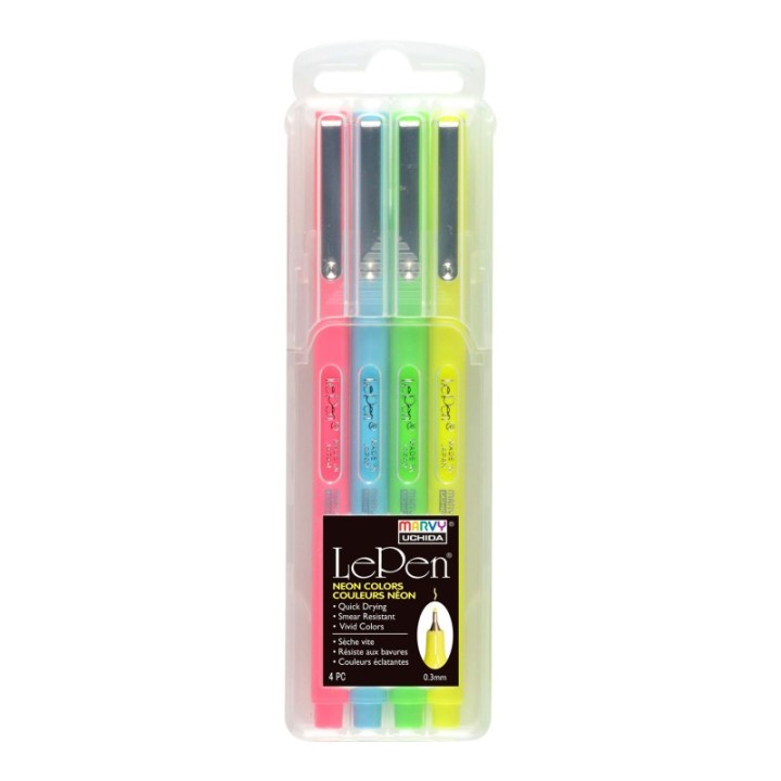 Marvy Uchida® Le Pen® Drawing Pens, Neon Colors, 0.3 mm Tip, Set of 4