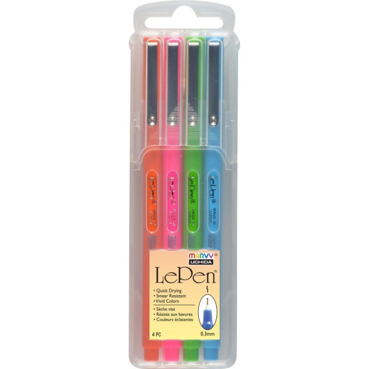 Marvy Uchida® Le Pen® Drawing Pens, Bright Colors, 0.3 mm Tip, Set of 4