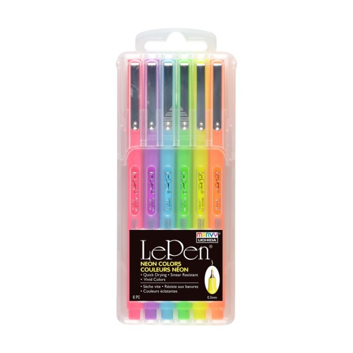 Marvy Uchida® Le Pen® Drawing Pens, Neon Colors, 0.3 mm Tip, Set of 6