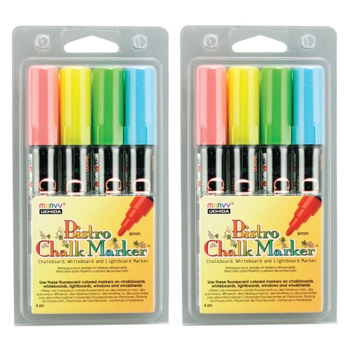 Marvy Uchida® Broad Point Chalk Marker Broad Tip Set 4A, Fluorescent Red, Blue, Yellow and Green, 4 Per Set, 2 Sets