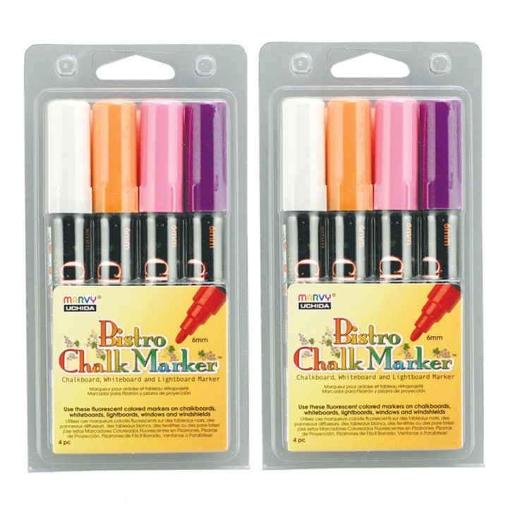 Marvy Uchida® Broad Point Chalk Marker Broad Tip Set 4B, Fluorescent Colors, 4 Per Pack, 2 Packs