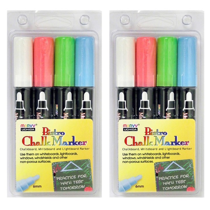 Marvy Uchida® Broad Point Chalk Marker Broad Tip Set 4ED, Fluorescent Colors, 4 Per Pack, 2 Packs