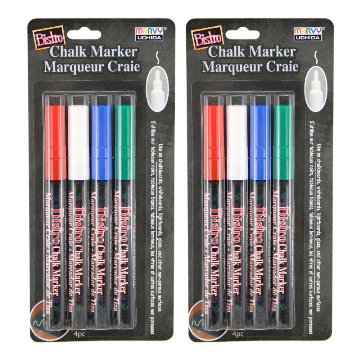 Marvy Uchida® Bistro Chalk Markers, Fine Tip, Red, Green, Blue, White, 4 Per Pack, 2 Packs