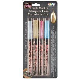 Marvy Uchida® Broad Point Chalk Marker Metallic Fine Tip Set 4M, Gold, Silver, Blue, Red