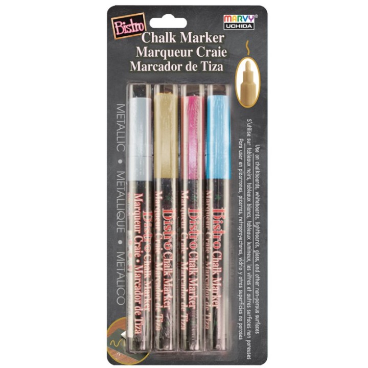 Marvy Uchida® Broad Point Chalk Marker Metallic Fine Tip Set 4M, Gold, Silver, Blue, Red
