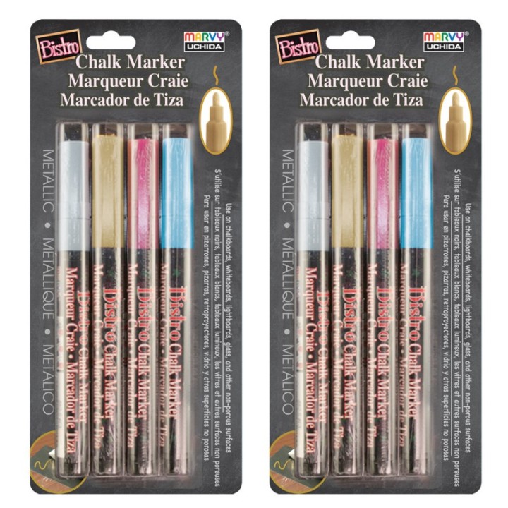 Marvy Uchida® Bistro Chalk Marker Fine Tip Set 4M, Metallic Colors, 4 Per Pack, 2 Packs
