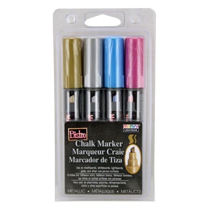 Marvy Uchida® Bistro Chalk Markers, Chisel Tip, 4-Color Set, Silver, Gold, Blue, Red