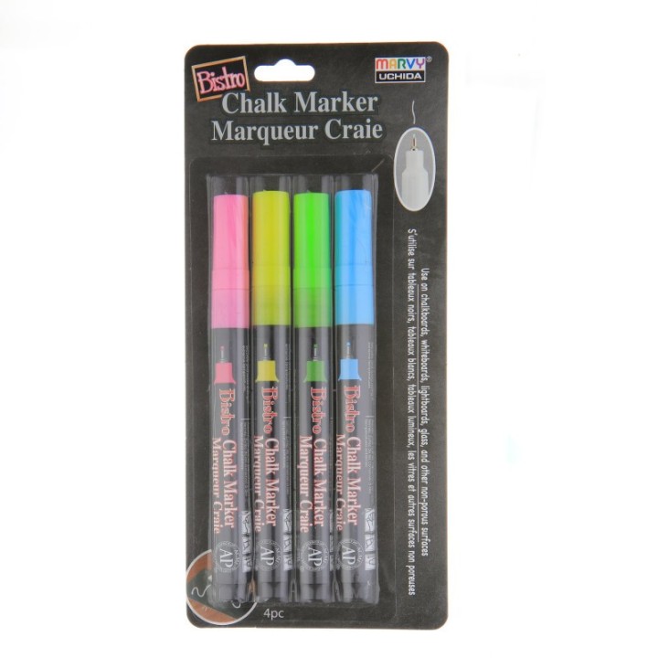 Marvy Uchida® Bistro Chalk Markers, Extra Fine Tip 4-Color Set, Fluorescent Pink, Blue, Green, Yellow