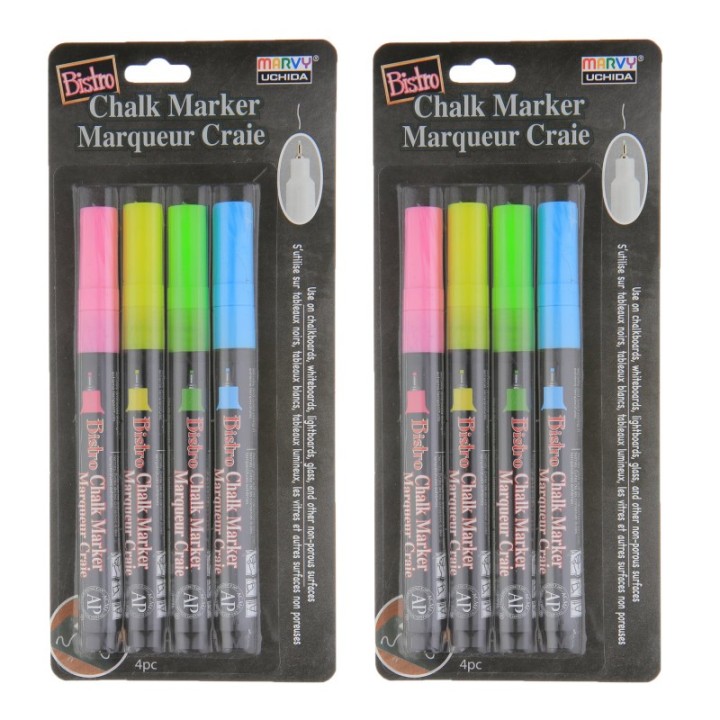 Marvy Uchida® Bistro Chalk Markers, Extra Fine Tip 4-Color Set, Fluorescent Pink, Blue, Green, Yellow, 2 Sets