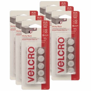 VELCRO® Sticky Back™ Round Fasteners, 0.63", White, 15 Per Pack, 6 Packs
