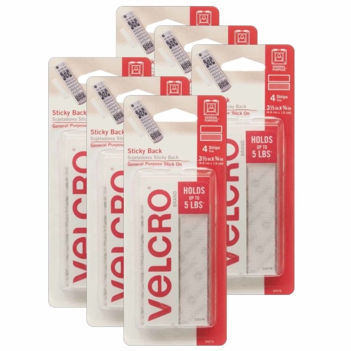 VELCRO® Sticky Back™ Strips, 3/4" x 3-1/2", White, 4 Per Pack, 6 Packs